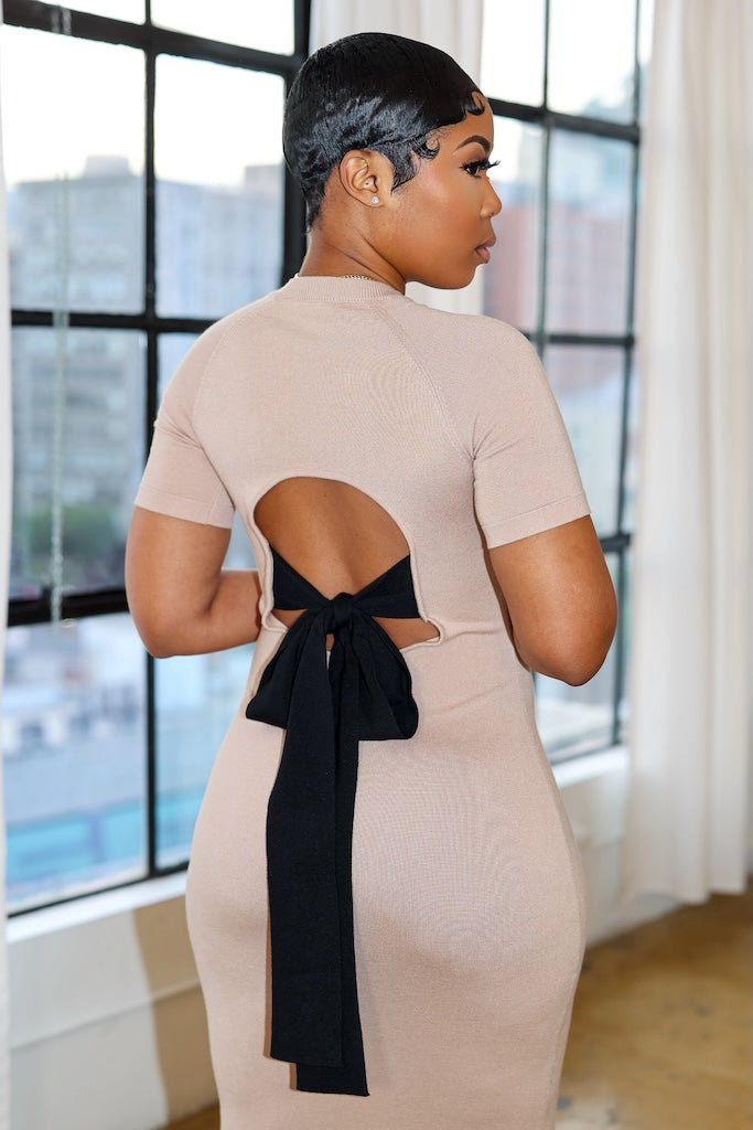 Take A Bow Midi Dress (Beige)